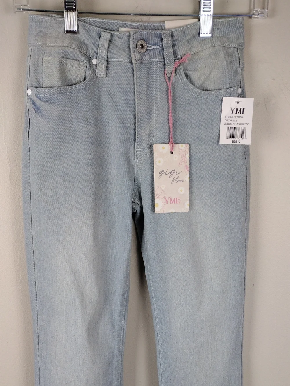 YMI Girl Gigi Flare Blue Light Potassium Wash High Rise Lace Raw Hem Denim Jean